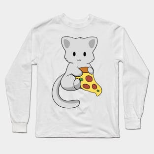 Grey Cat with Pizza Long Sleeve T-Shirt